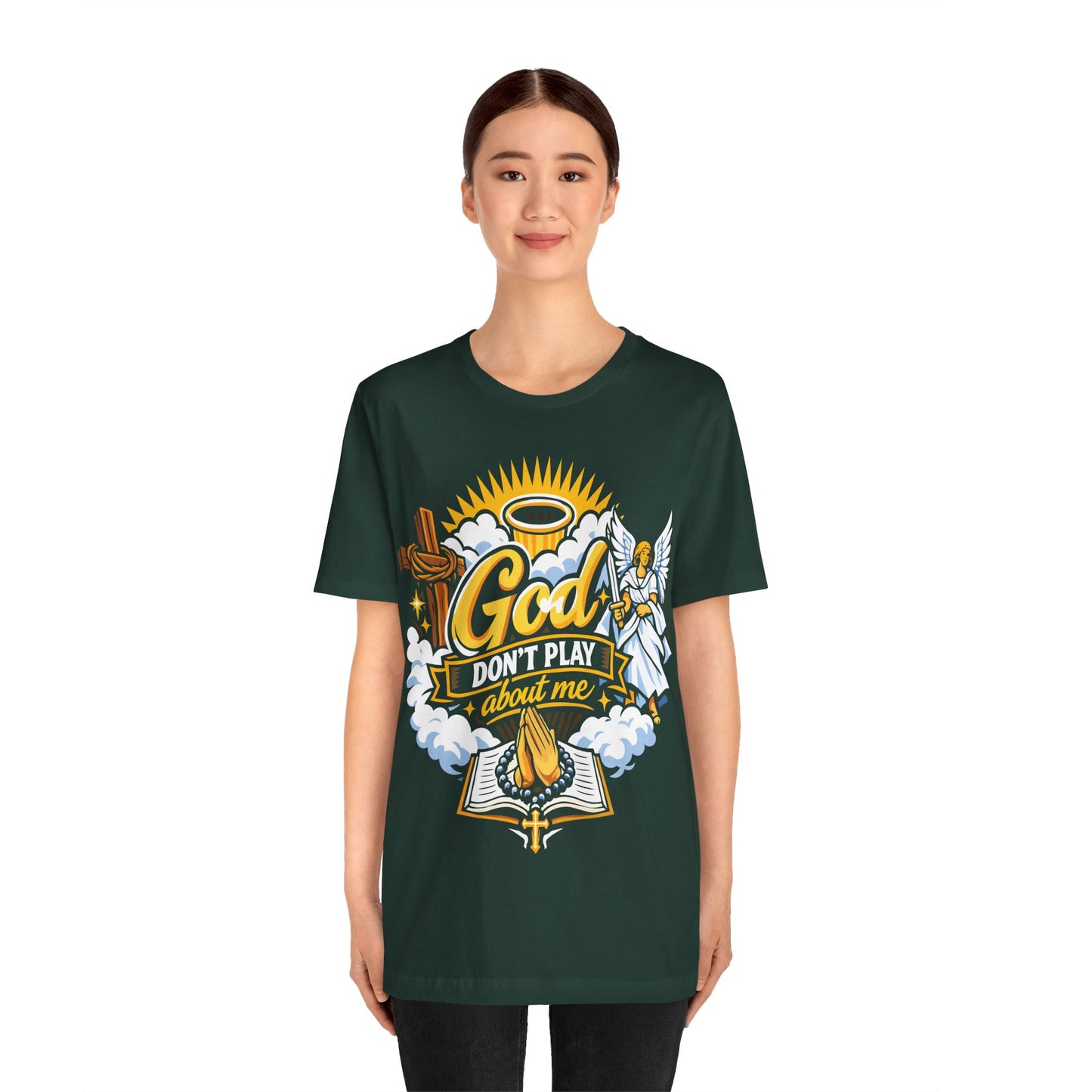 God Don't Play About Me T-Shirt — Christian Faith Tee with Angel, Cross & Bible Design