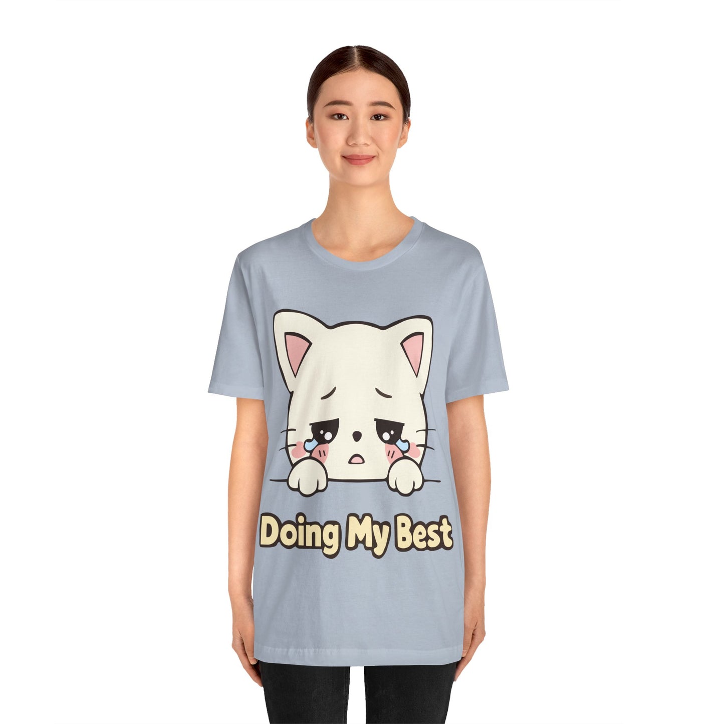 “Doing My Best” Sad Kawaii Cat T-Shirt — Cute Anime Cat Tee for Self-Care & Gifts