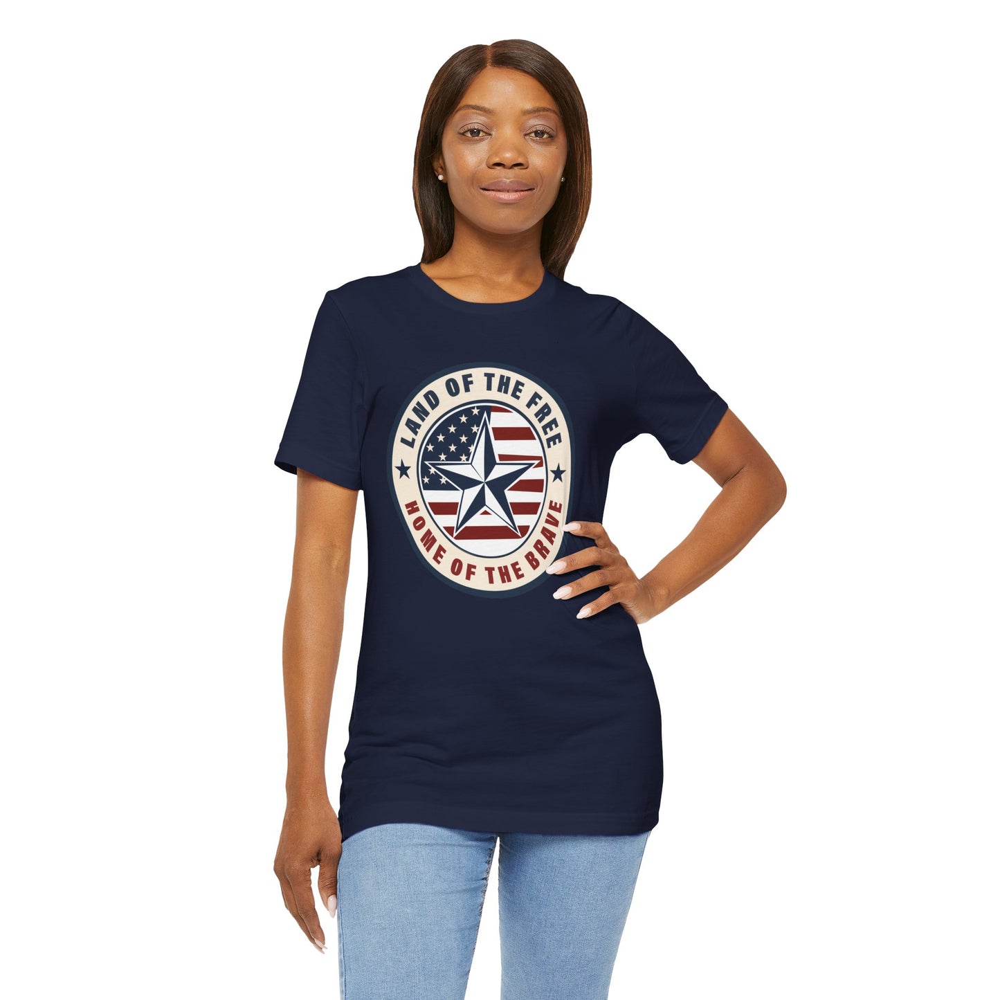 Patriotic Star Tee — "Land of the Free, Home of the Brave" American Flag T-Shirt
