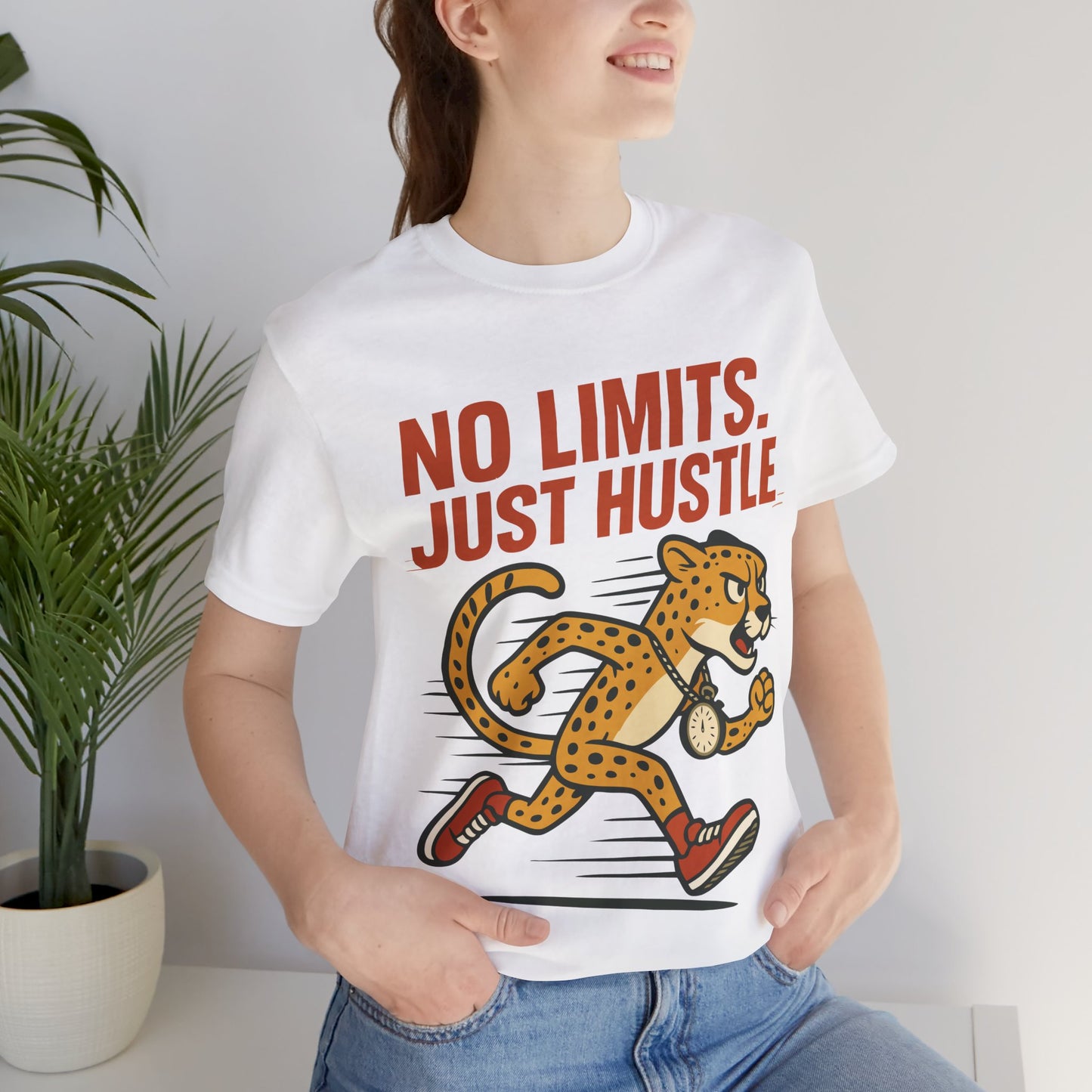 No Limits Just Hustle Tee — Motivational Cheetah Running Graphic T-Shirt