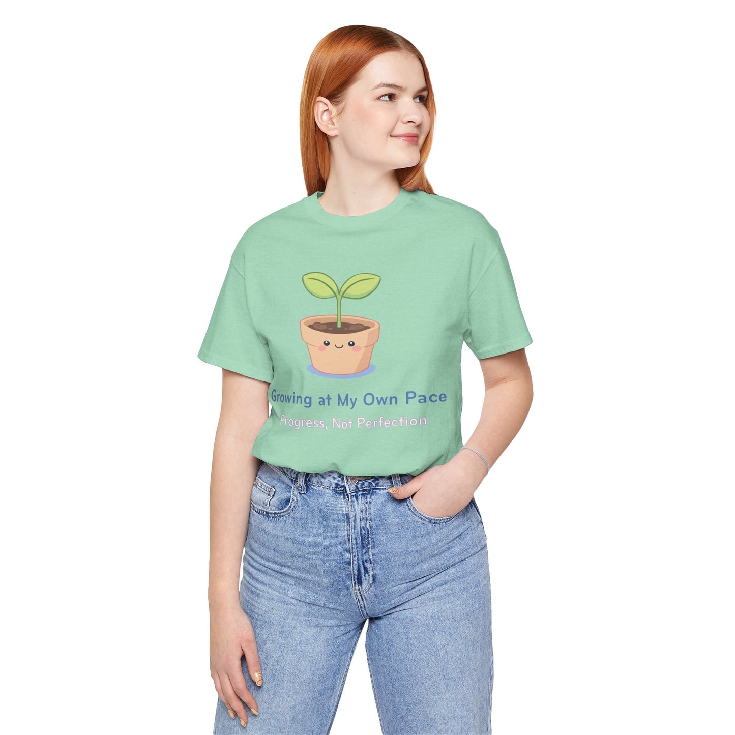 Growing at My Own Pace T‑Shirt — Cute Plant Pot Tee ("Progress, Not Perfection")