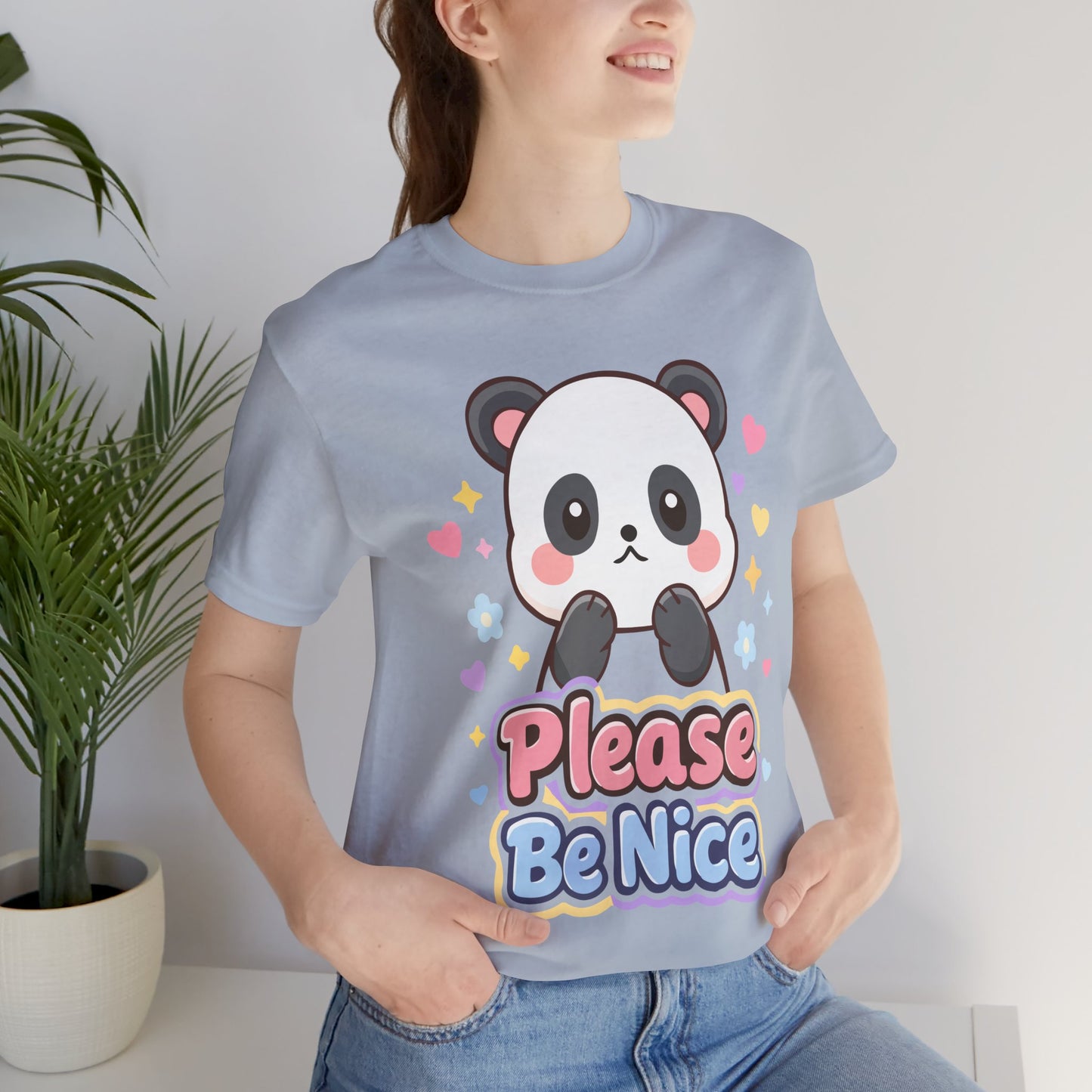 Please Be Nice Panda T‑Shirt — Cute Kawaii Graphic Tee for Kids & Adults