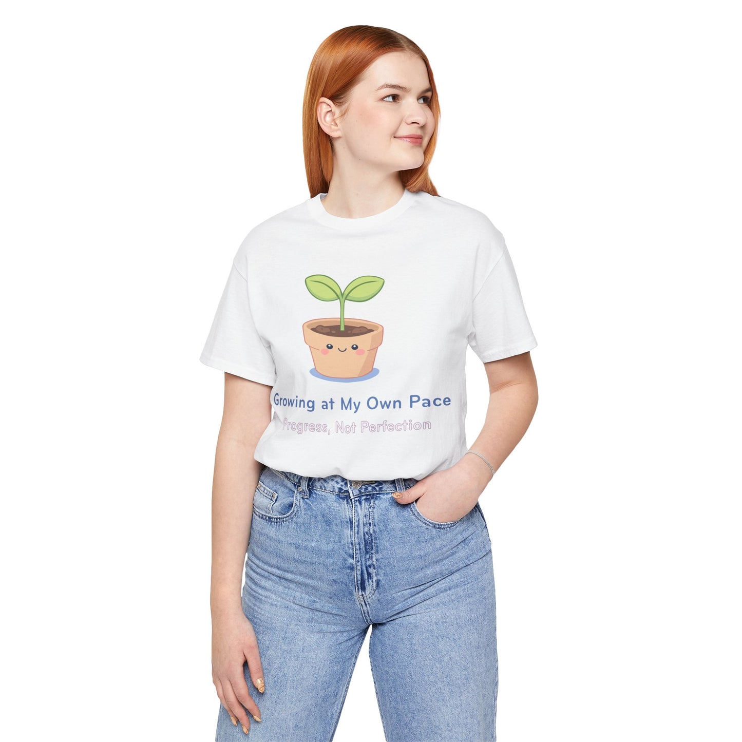 Growing at My Own Pace T‑Shirt — Cute Plant Pot Tee ("Progress, Not Perfection")