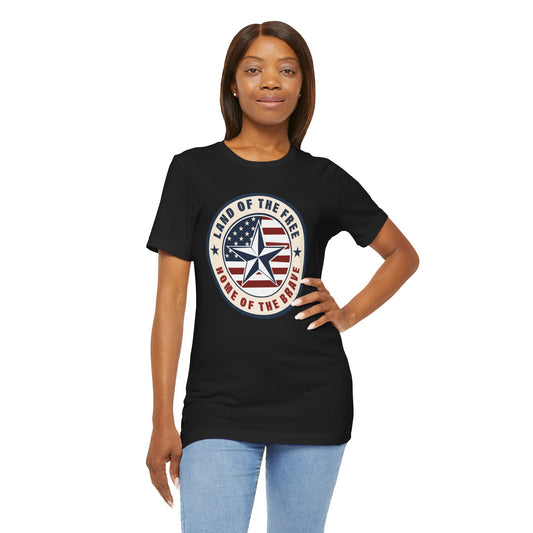 Patriotic Star Tee — "Land of the Free, Home of the Brave" American Flag T-Shirt