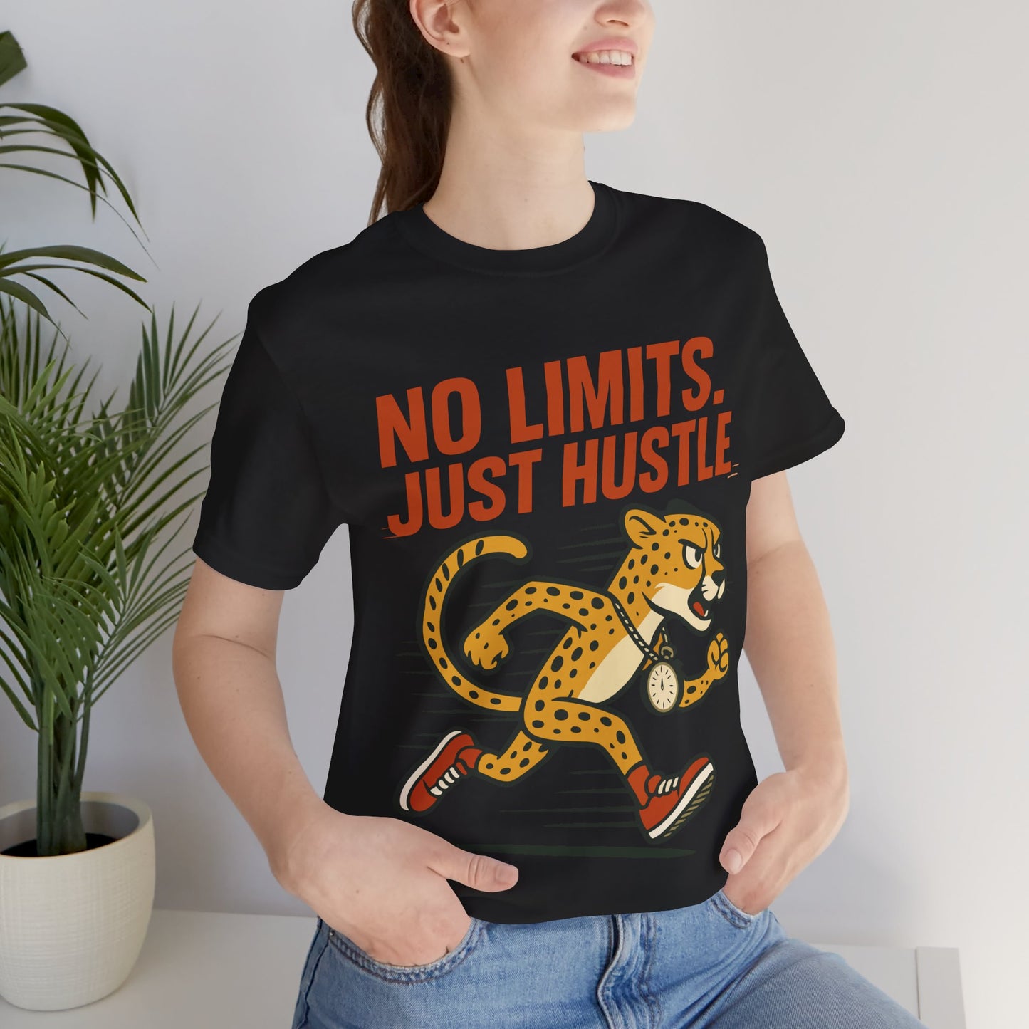 No Limits Just Hustle Tee — Motivational Cheetah Running Graphic T-Shirt