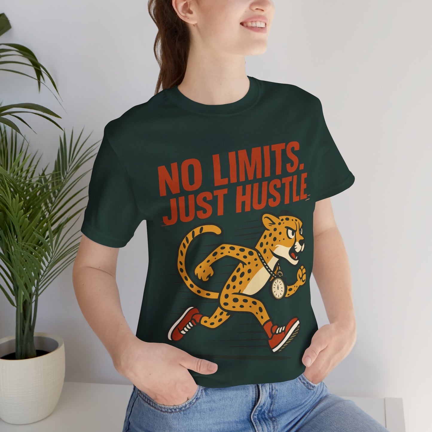 No Limits Just Hustle Tee — Motivational Cheetah Running Graphic T-Shirt