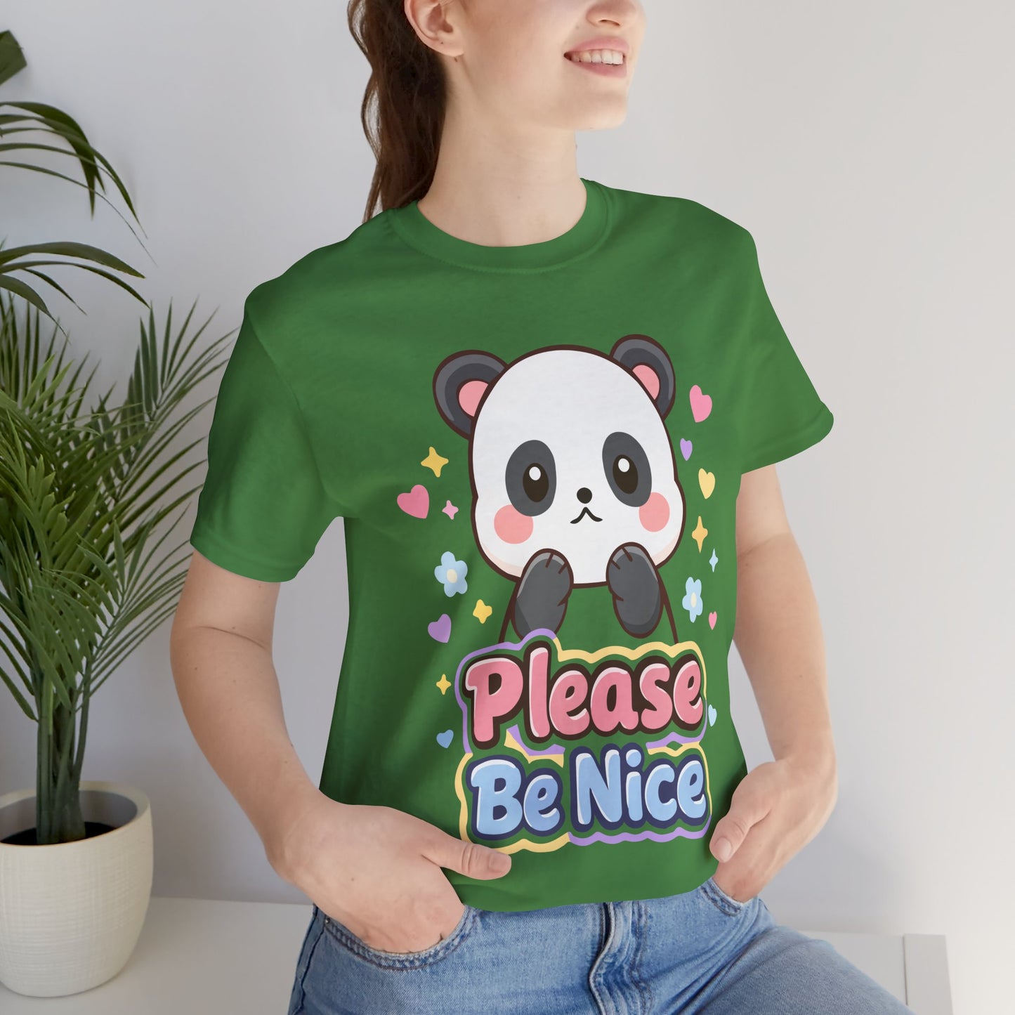 Please Be Nice Panda T‑Shirt — Cute Kawaii Graphic Tee for Kids & Adults