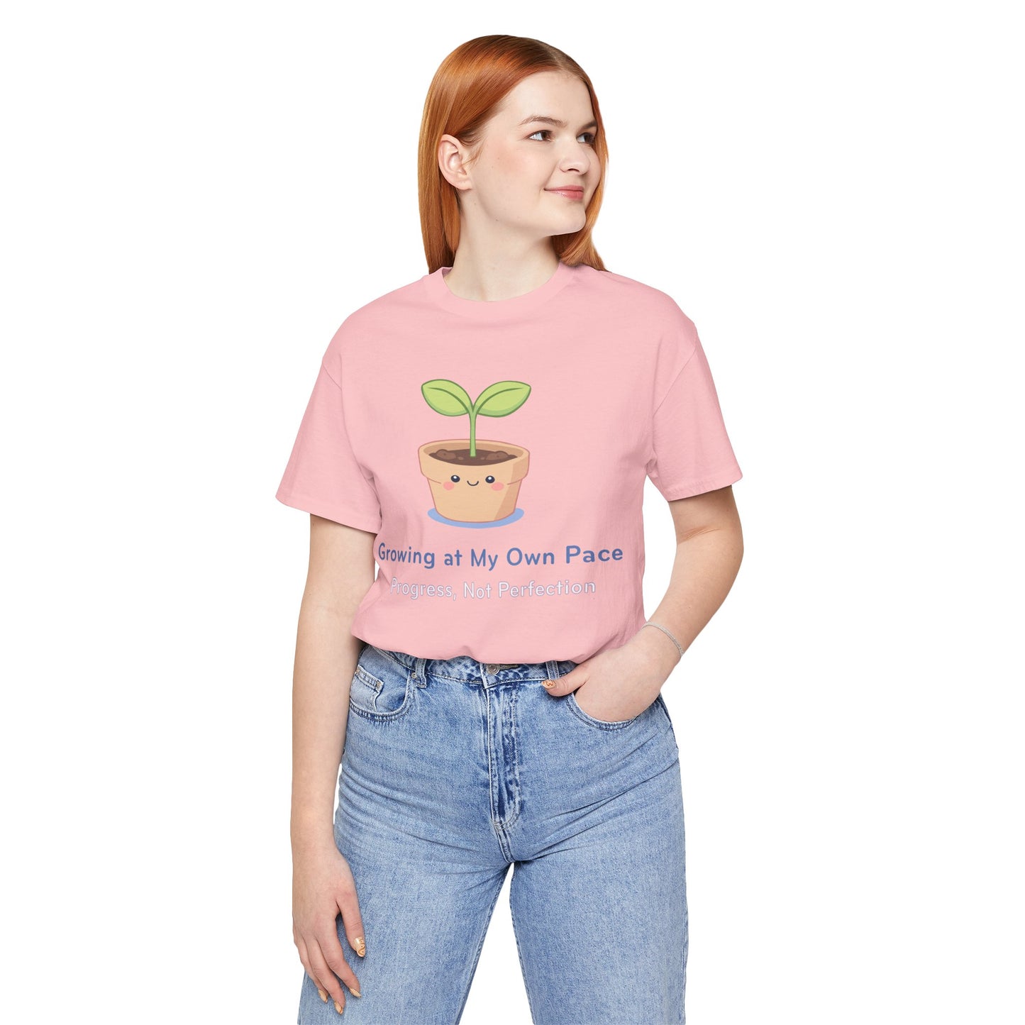 Growing at My Own Pace T‑Shirt — Cute Plant Pot Tee ("Progress, Not Perfection")
