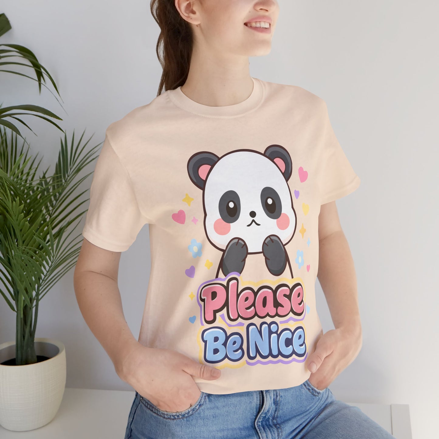 Please Be Nice Panda T‑Shirt — Cute Kawaii Graphic Tee for Kids & Adults