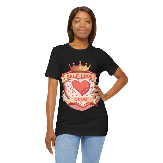 Self-Love Club T-Shirt — Heart Crest Graphic Tee for Valentine's & Self-Care