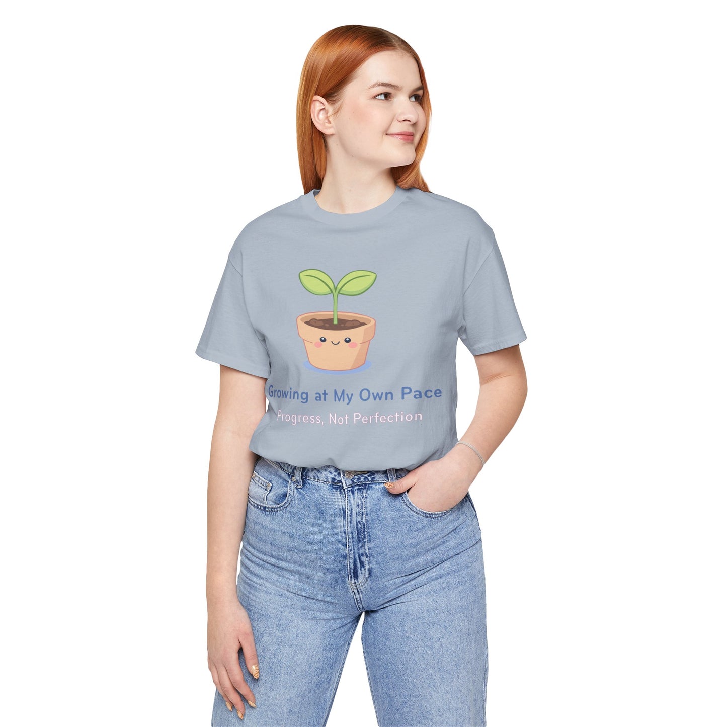 Growing at My Own Pace T‑Shirt — Cute Plant Pot Tee ("Progress, Not Perfection")
