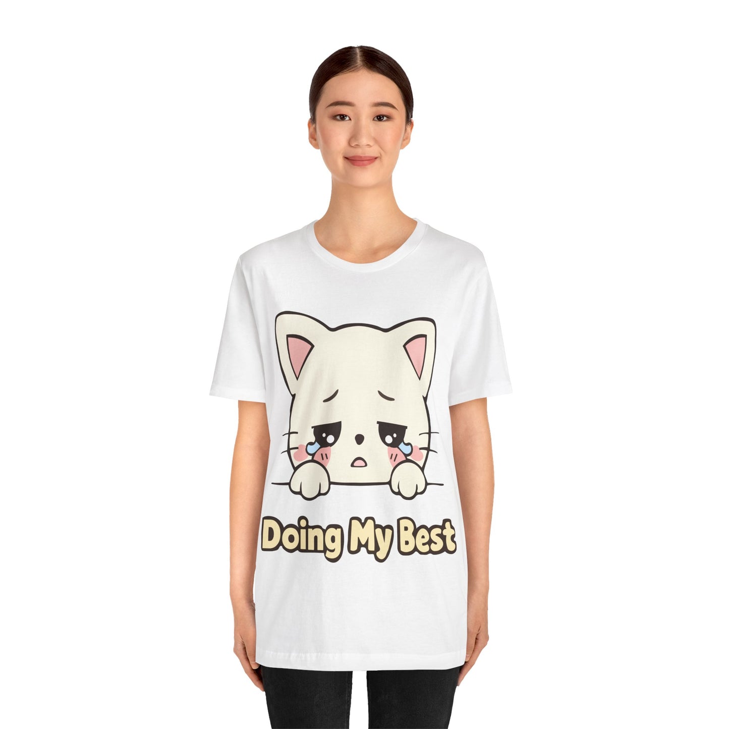 “Doing My Best” Sad Kawaii Cat T-Shirt — Cute Anime Cat Tee for Self-Care & Gifts