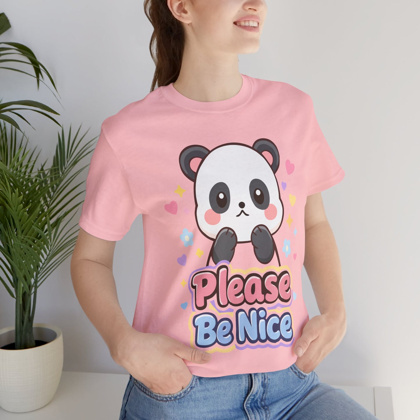 Please Be Nice Panda T‑Shirt — Cute Kawaii Graphic Tee for Kids & Adults